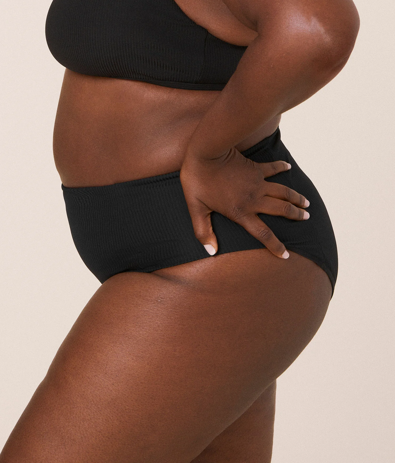 The High Waist Cheeky Bikini Bottom - Eco Ribbed - Black - Image 3