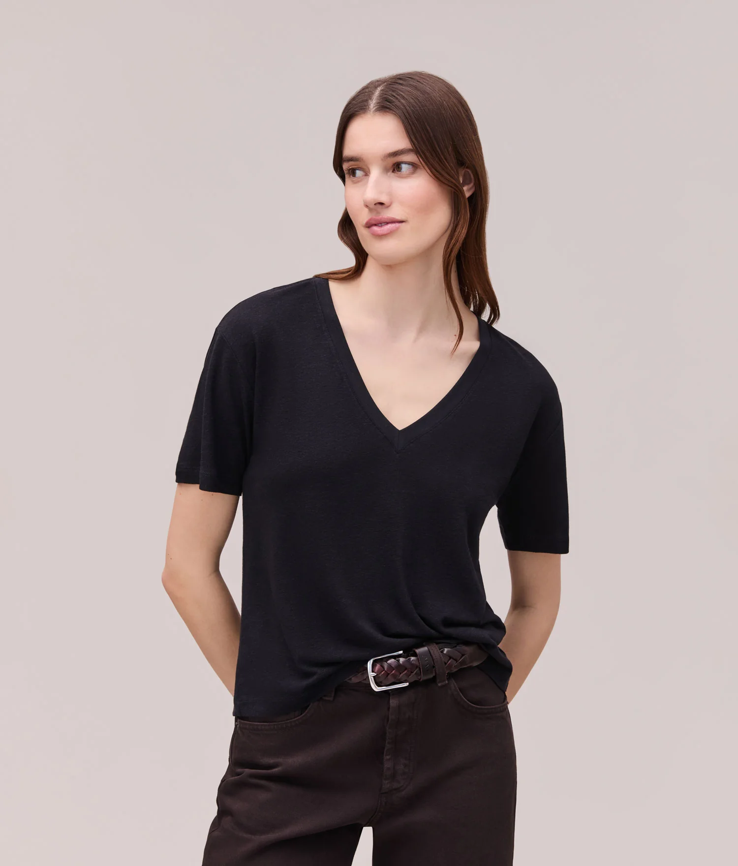 Womens Linen Jersey V Neck Tee - Linen Jersey - Black