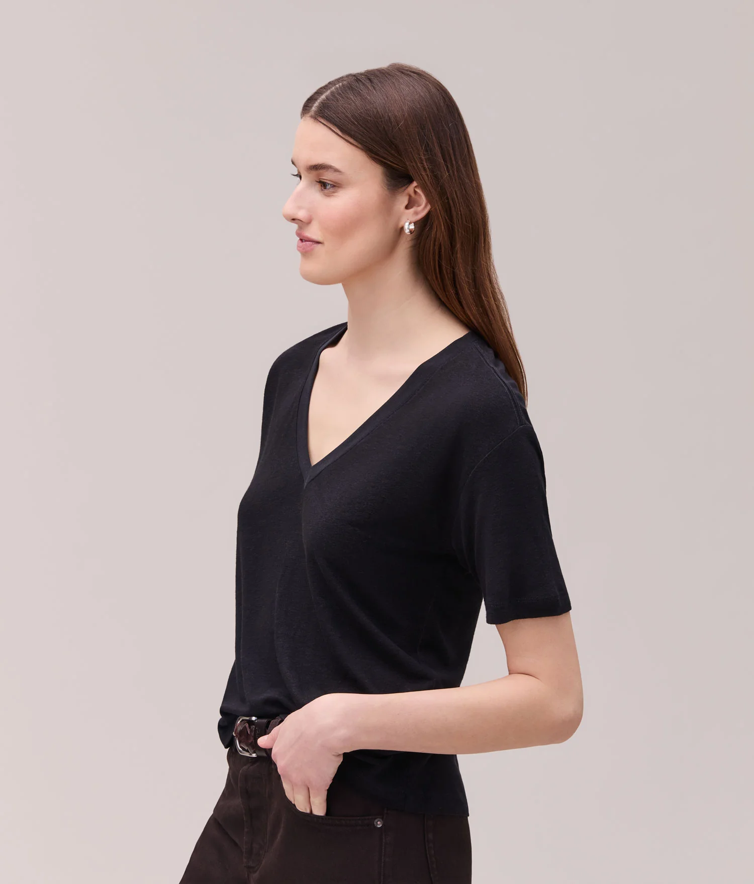 Womens Linen Jersey V Neck Tee - Linen Jersey - Black - Image 3